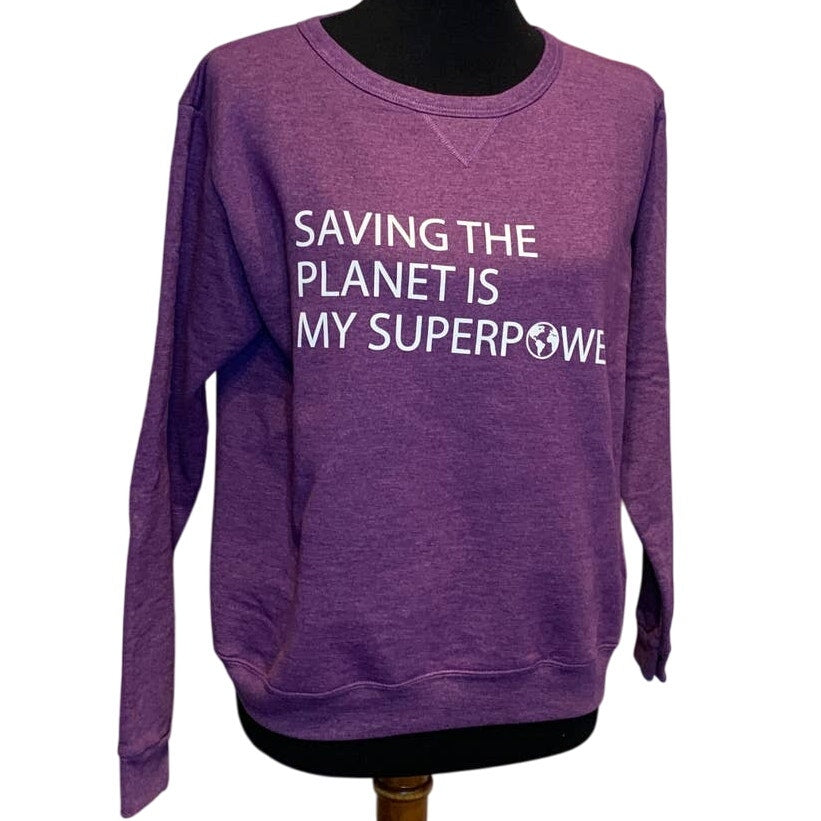 Hand Printed Upcycled Womens Medium Saving the Planet My Superpower Sweatshirt