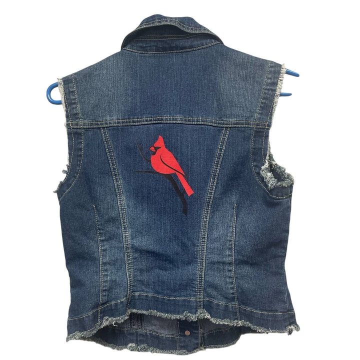 Cato Womens Small Cutoff Arms Hand Printed Upcycled Red Cardinal Bird Denim Vest