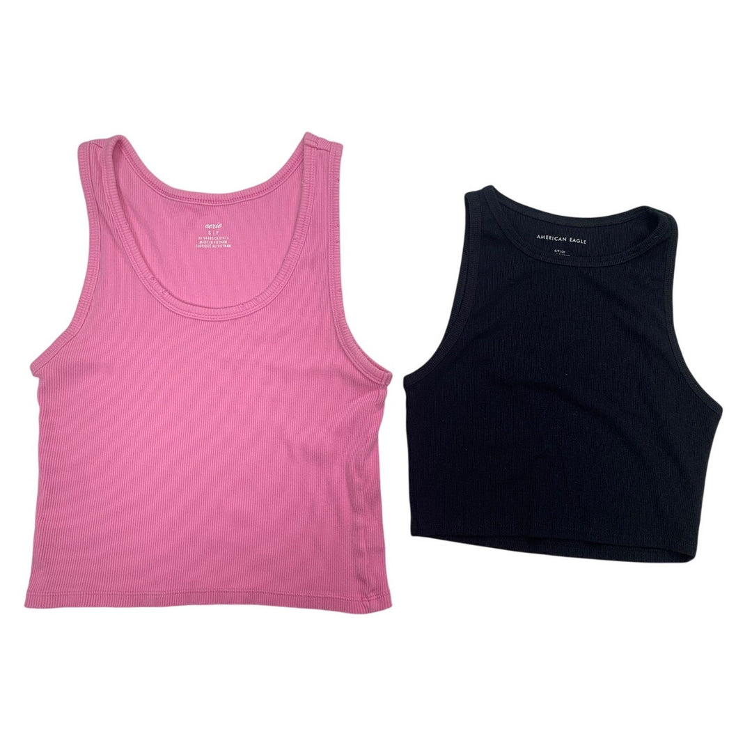 2 New American Eagle Womens Small Pink Black Ribbed Sleeveless Tank Tops