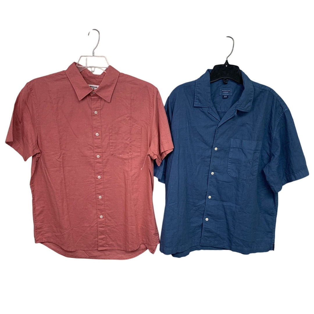 2 New American Eagle Mens Medium Blue Salmon Short Sleeve Button Up Shirts