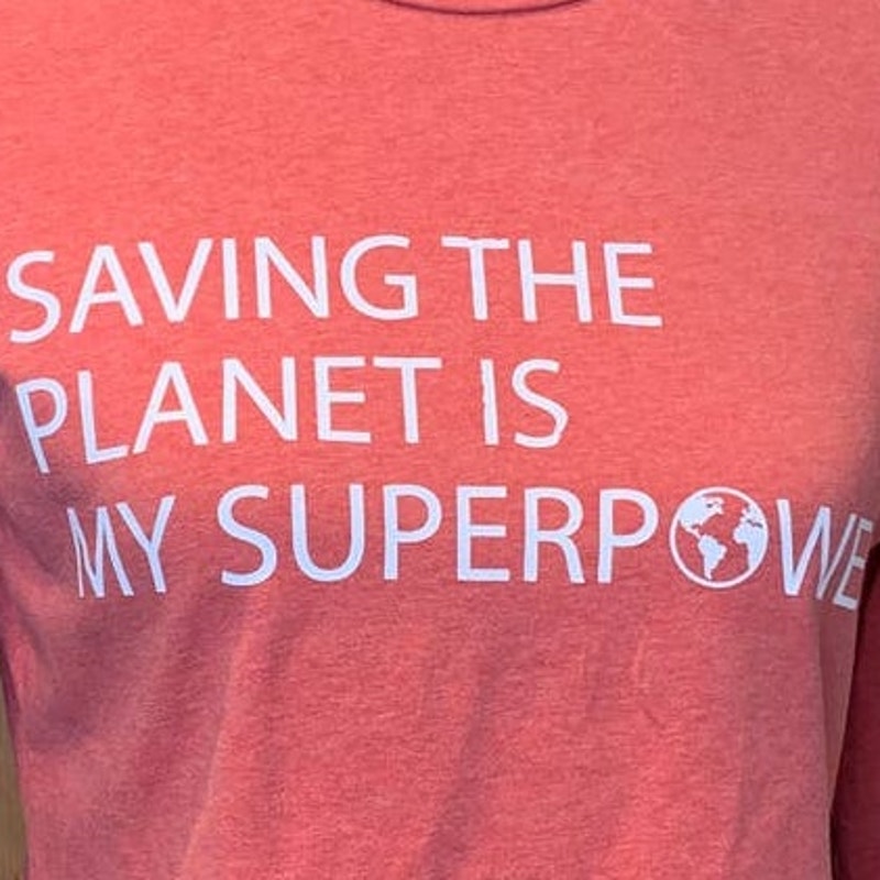 Hand Printed Upcycled Womens Large Saving the Planet Superpower Long Sleeve Tee