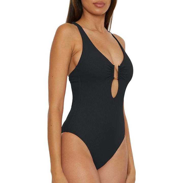 NWT New Becca Womens Large Black Ribbed Plunge Neck Tie Back One Piece Swimsuit