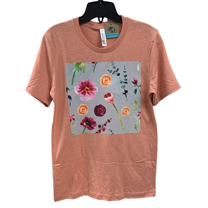 New Hand Printed Womens Small Heathered Floral Flowers Short Sleeve Tee Shirt