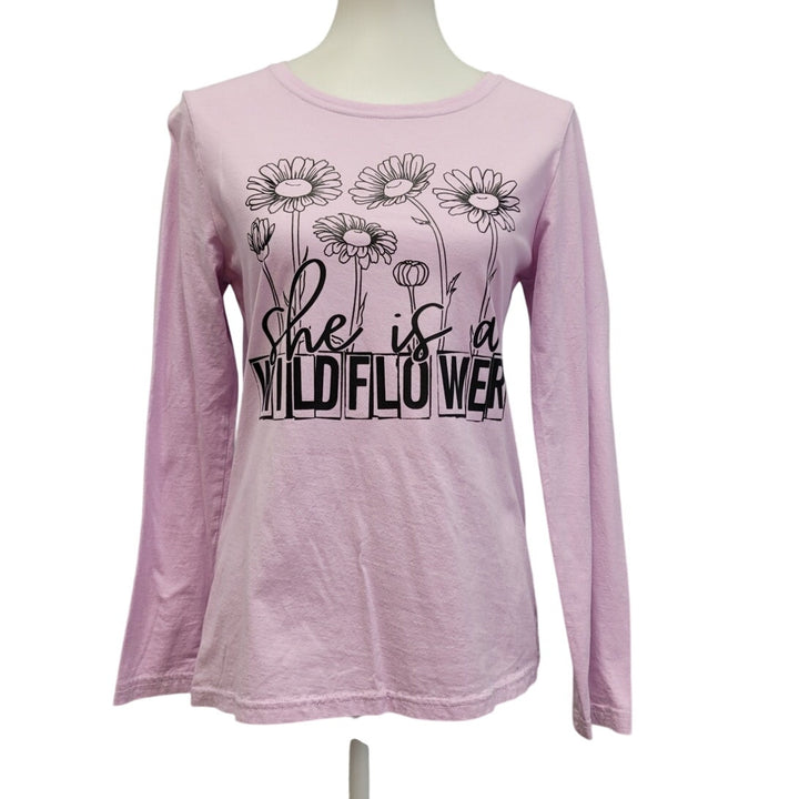 Hand Printed Upcycled Womens Medium She Is A Wildflower Flower Long Sleeve Tee