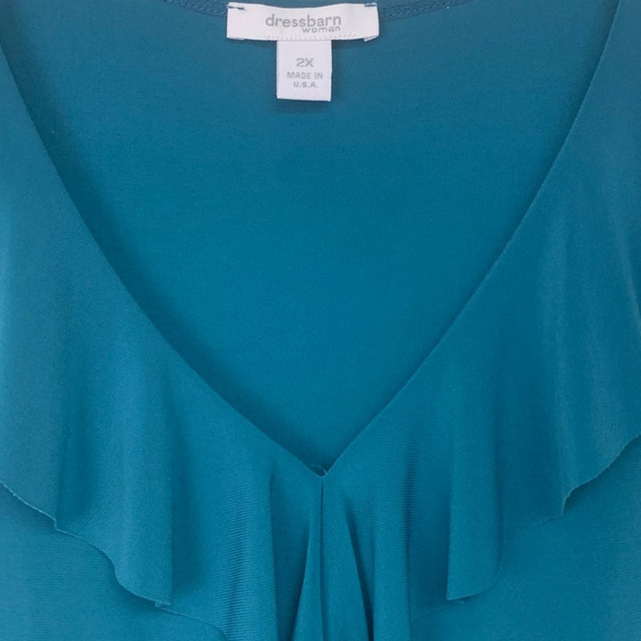 DressBarn Womens 2X Deep Teal PolySpandex Sleeveless V Neck Ruffled Blouse