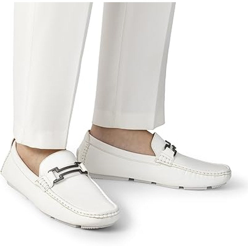 Bruno Marc Men Size 10.5 White Faux Leather Buckle Slide On Driving Loafer Shoes