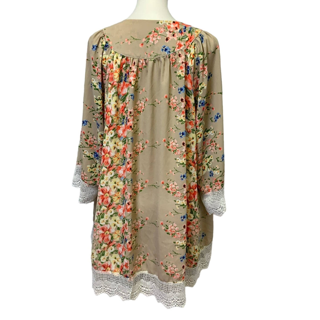 Floral XL Long Sleeve Lace Trim Lightweight Coverup Open Cardigan Blouse