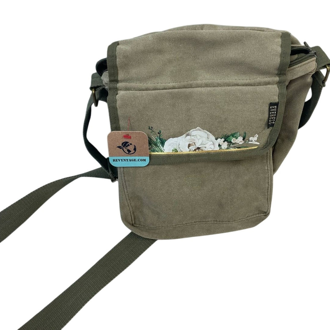 Upcycled Hand Printed White Rose Floral Crossbody Small Canvas Messenger Bag