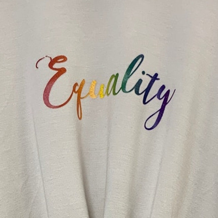 Upcycled Hand Printed Womens Large Rainbow Equality Long Sleeve Sweatshirt