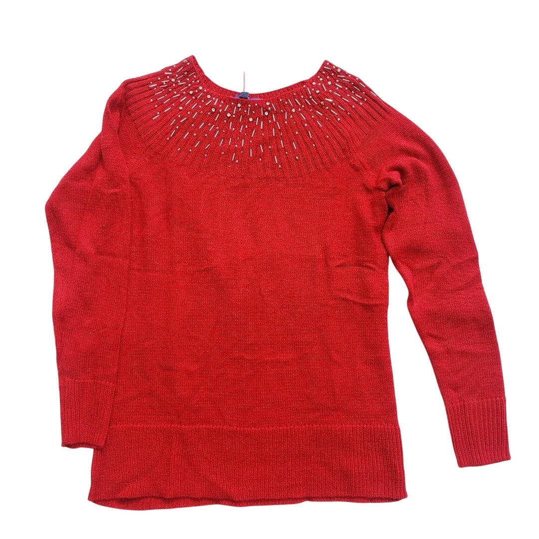 NWT New Apt 9 Womens Medium Red Metallic Long Sleeve Beaded Neck Knit Sweater