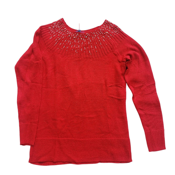 NWT New Apt 9 Womens Medium Red Metallic Long Sleeve Beaded Neck Knit Sweater