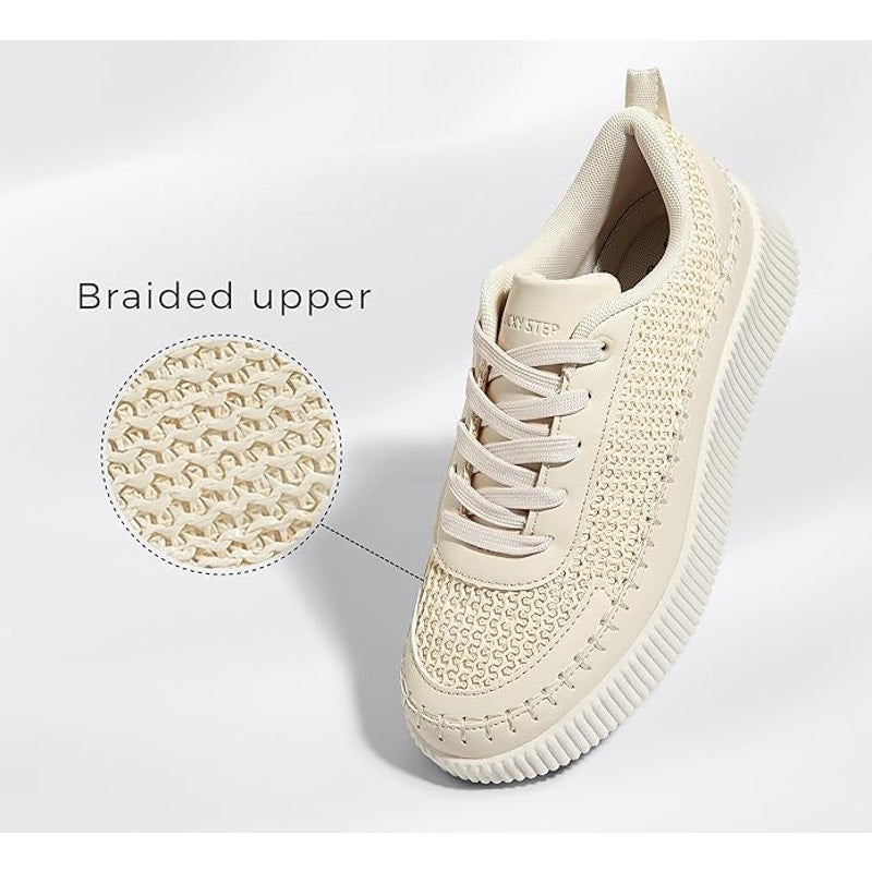 Lucky Step Womens Size 7 Beige 1.5" Heel Sneakers Lace Up Knit Casual Shoes