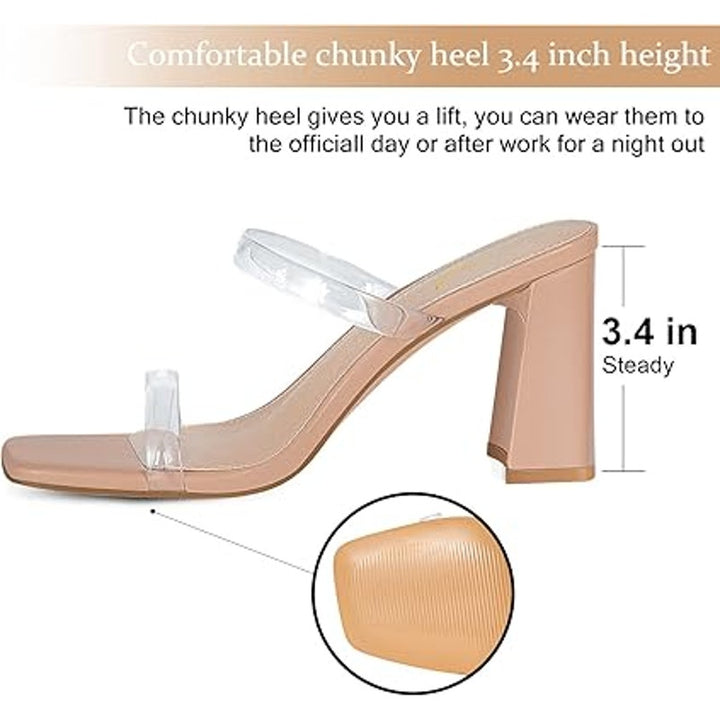 Athlefit Womens Size 7.5 Tan Open Toe Clear Strap 3.5" Heel Slip On Sandal Shoes