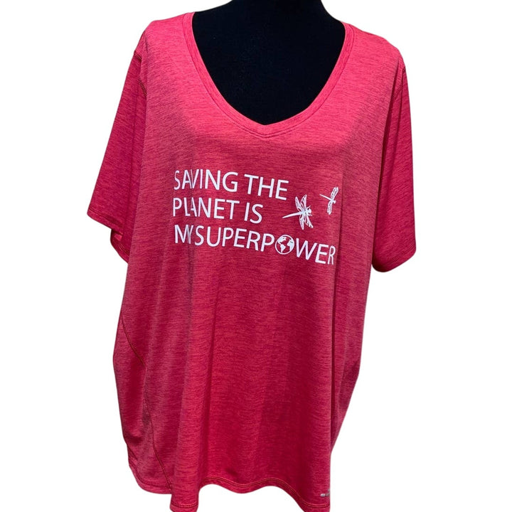 Hand Printed Upcycled Womens 3X Dragonfly Saving Planet Superpower Athletic Tee