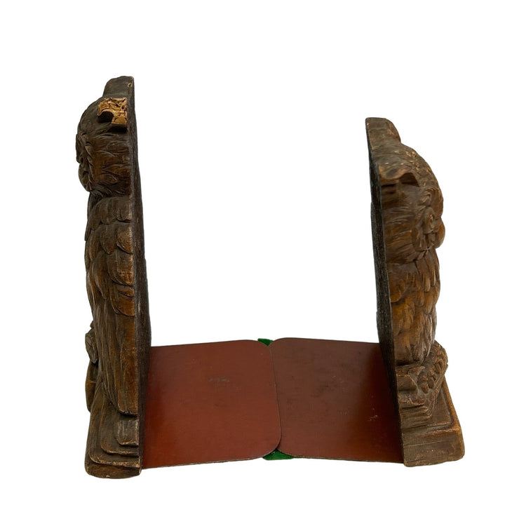 Vintage Carved Wooden Owl on Tree Branch Bookends w Chipped Ear Crack