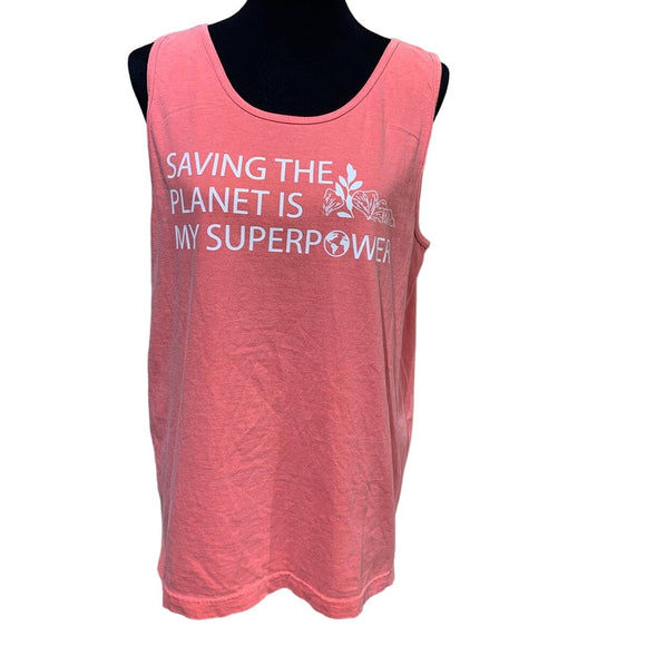 Hand Printed Upcycled Medium Saving the Planet is My Superpower Cotton Tank Top
