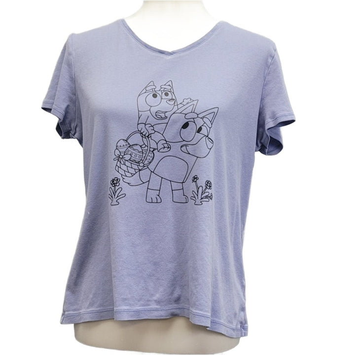 Hand Printed Upcycled Womens Large Bluey Bingo Easter Egg Short Sleeve Tee