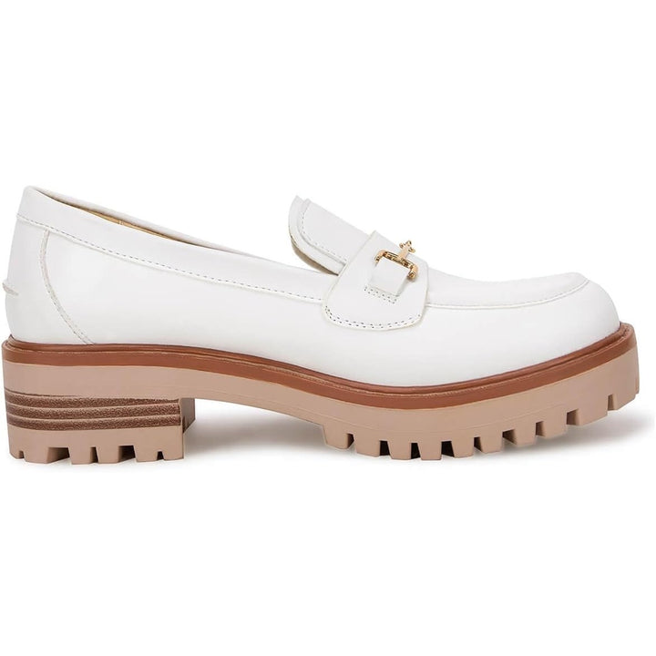 Vetaste Womens Size 8 White Faux Leather Platform Chunky Heel Loafers Shoes
