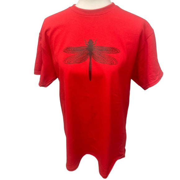 Hand Printed Unisex Large Dragonfly 100% Cotton Crew Neck Short Sleeve Tee