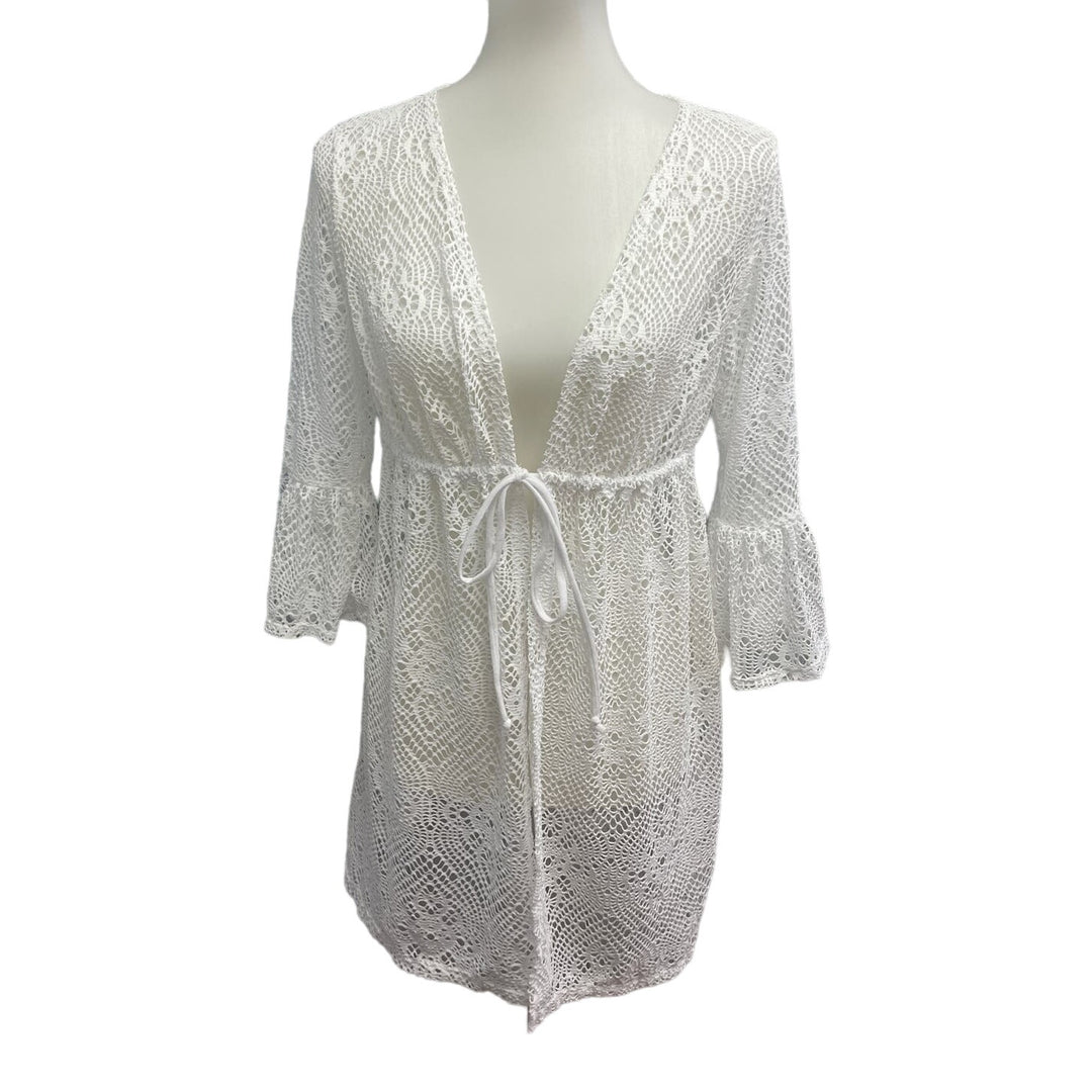 Time and Tru Womens Medium Long Bell Sleeve Front Tie Lace Cardigan Coverup