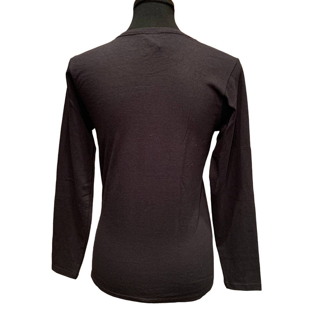 New Hand Printed Small Cotton Rhinestone Fall Autumn Leaf Long Sleeve Black Tee