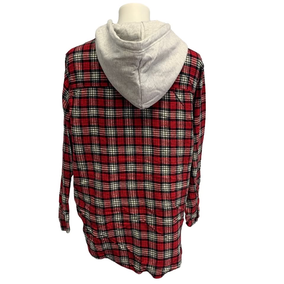 New Hand Printed Womens Large Red Cardinal Bird Long Sleeve Plaid Flannel Hoodie