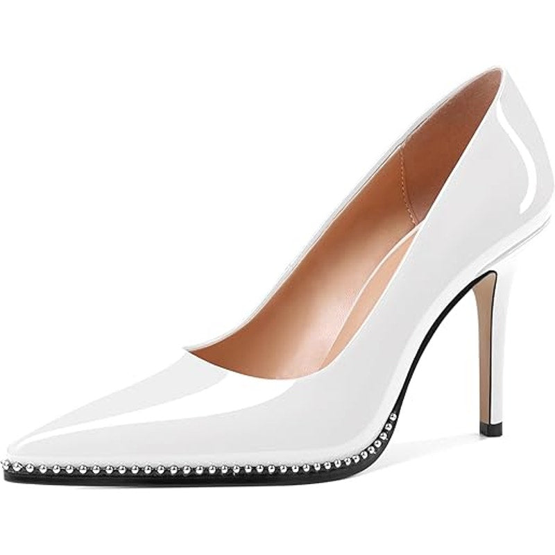 Sammitop Womens Size 8 White Patent Leather Pointy Toe 3.5" Heel Beaded Pumps