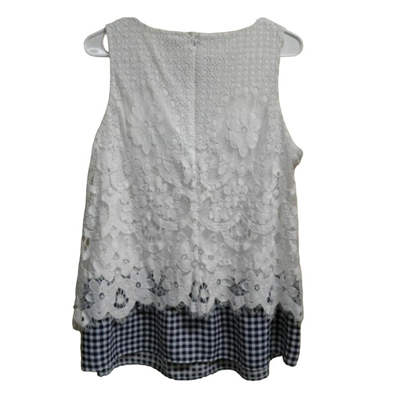 Charter Club Womens Medium White Floral Sleeveless Lace Overlay Gingham Blouse