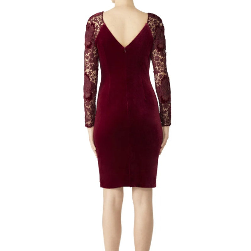 Badgley Mischka Size 8 Red Velvet Long Lace Sleeve Knee Length Sheath Dress Gown