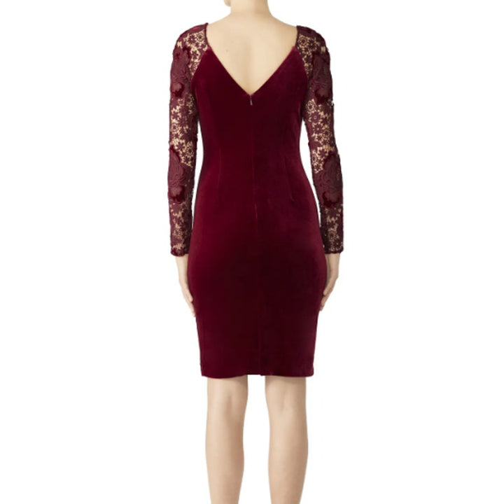Badgley Mischka Size 8 Red Velvet Long Lace Sleeve Knee Length Sheath Dress Gown