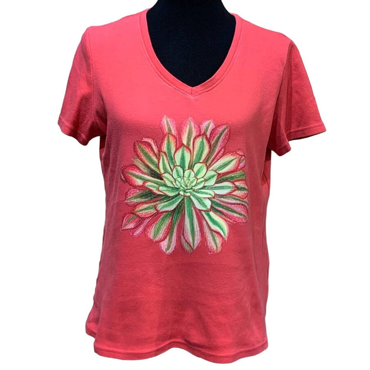 Hand Printed Upcycled Medium Pink Green Succulent Cactus Cotton Short Sleeve Tee