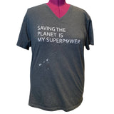 Hand Printed Upcycled Womens XXL Saving the Planet Superpower V-Neck Tee