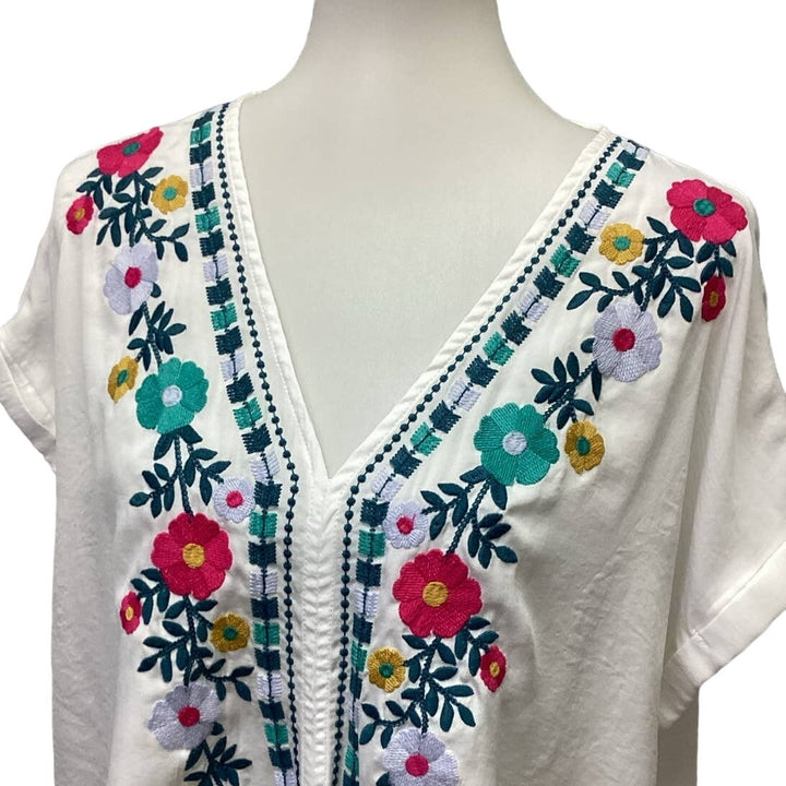 FSL + Apparel Medium Floral Embroidered Deep V-Neck Short Sleeve Polyester Top