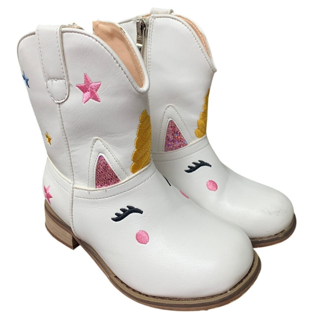 Parrosoo Toddler Girls 9 White Faux Leather Unicorn Cowgirl Cowboy Boot Shoes