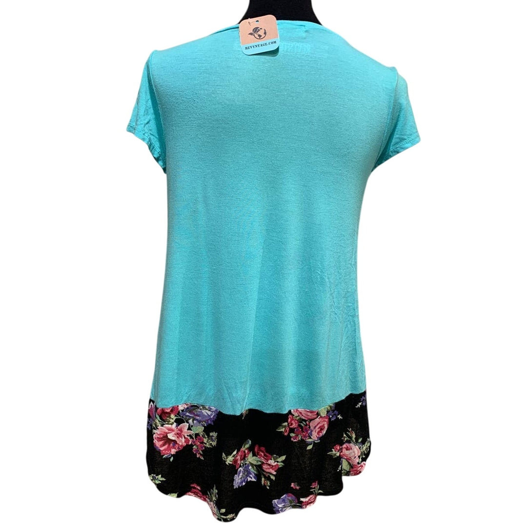 Hand Printed Upcycled Womens Small Dragonfly Floral Rayon Blend Blouse Tee