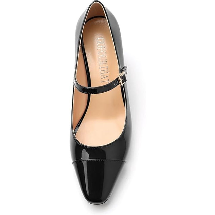 Gofourthat Womens Size 8.5 Black Shiny Faux Leather Closed Toe 2.5" Heel Shoes