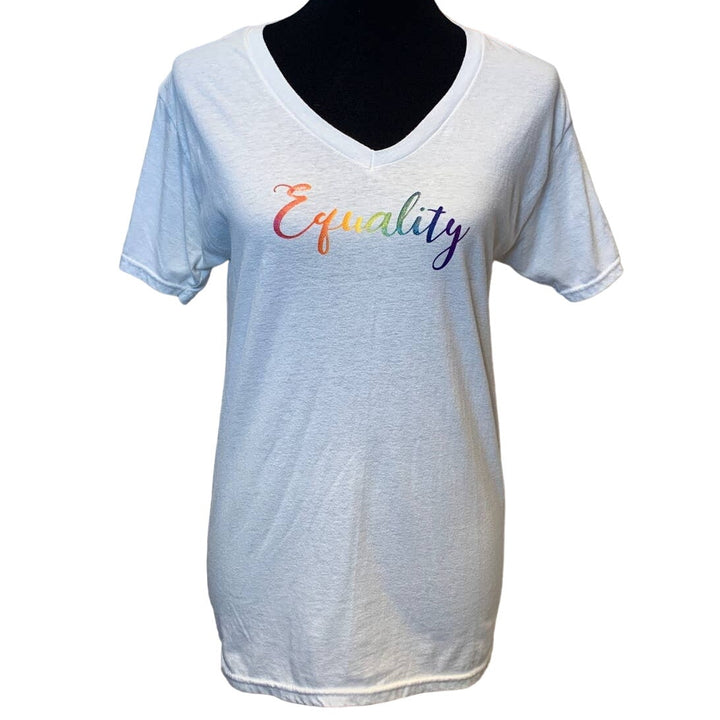 Hand Printed Womens Medium Upcycled June Pride Month Rainbow Equality V-Neck Tee