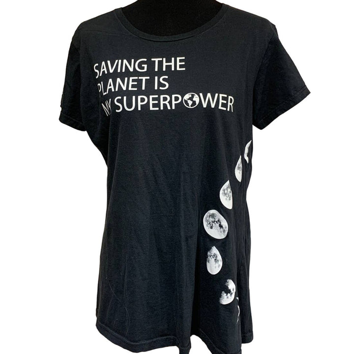 Hand Printed Upcycled Womens Large Saving the Planet is My Superpower Moon Tee