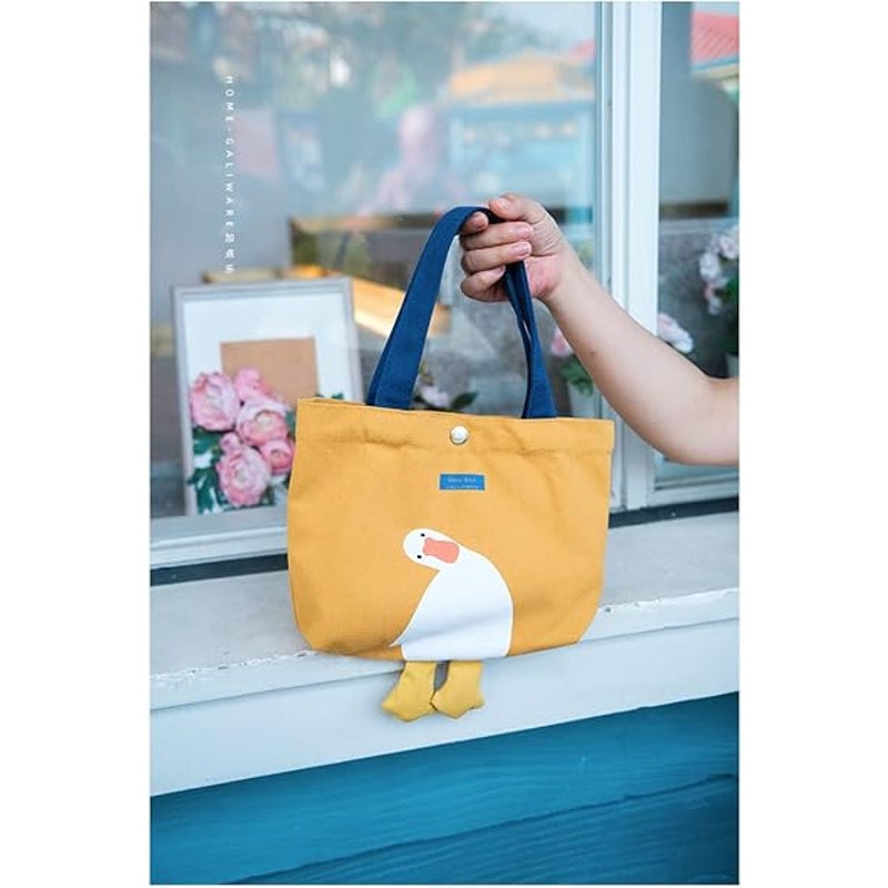 New Small Cute Canvas Curious Duck Canvas Double Handle Snap Closure Tote Bag