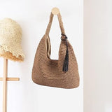 Woven Large Boho Rattan Straw Tote Lined Beach Shoulder Bag w Black Tassels