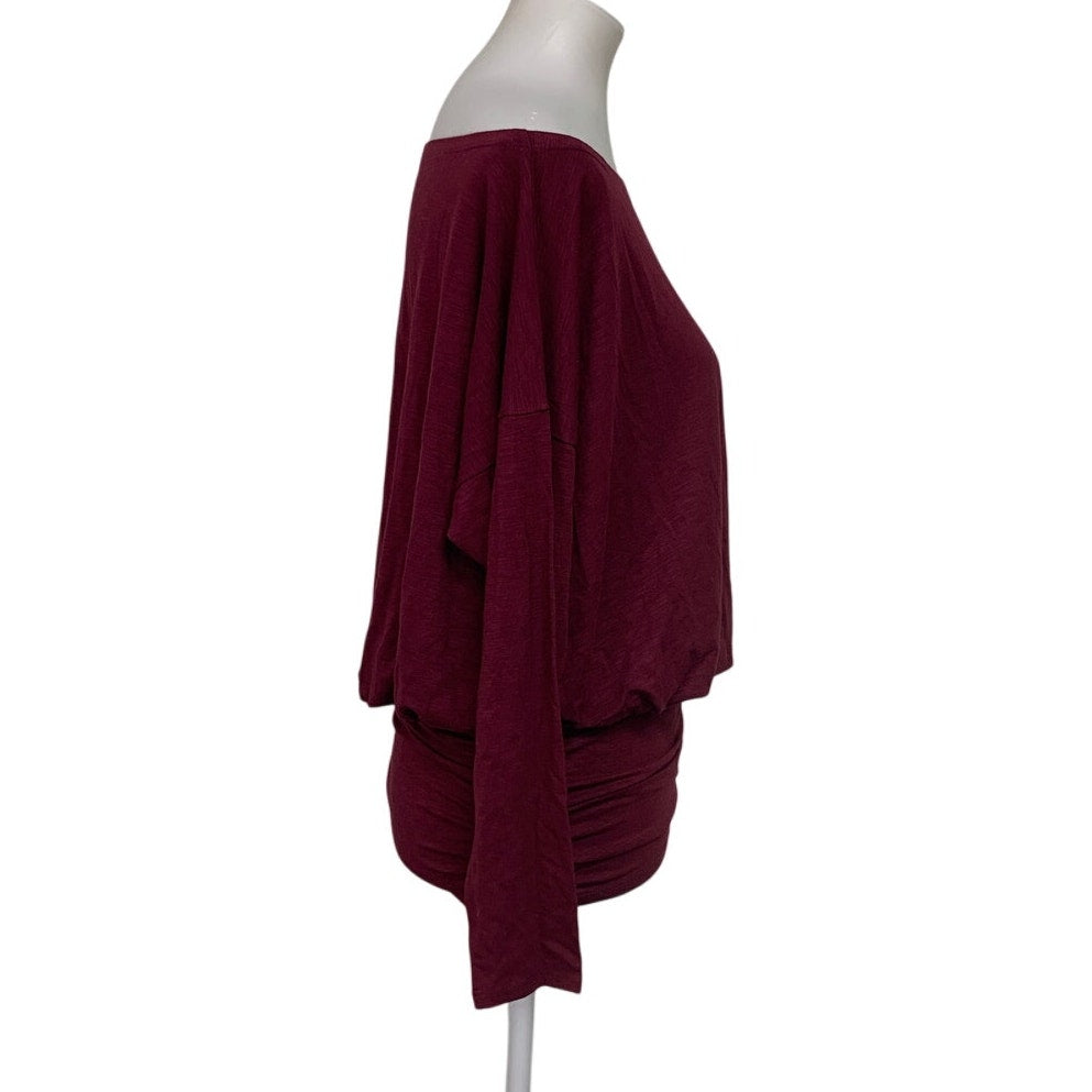 New Aerie Womens Small Long Sleeve Boat Neck Ruched Heathered Berry Top
