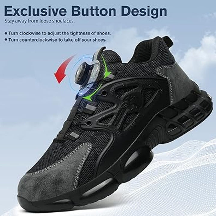 Qingruipai Mens 10.5 Black Mesh Steel Toe Puncture Proof Tightening Button Shoes