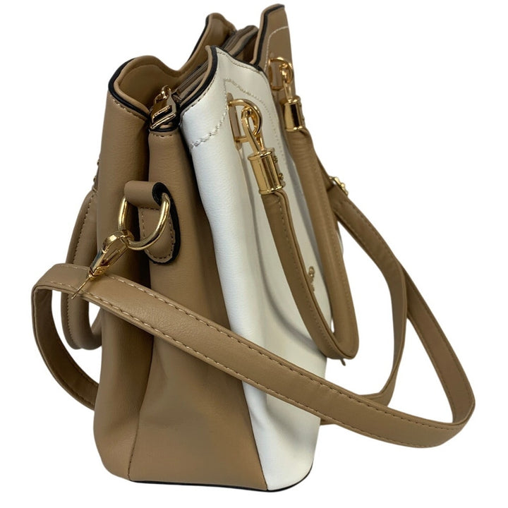 Simyeen Womens White Brown Faux Leather Multi Pocket Crossbody Handbag