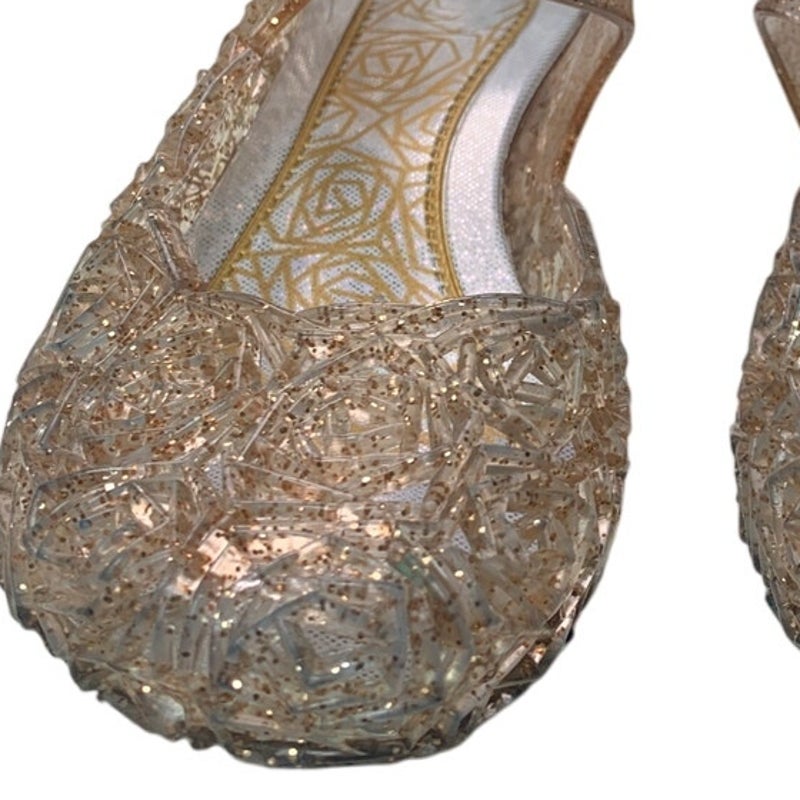 OMGard Little Girls Size 12.5 Clear Glitter Flats Floral Mary Jane Jelly Shoes