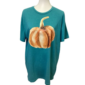 Hand Printed Large Upcycled Short Sleeve Halloween Fall Pumpkin Cotton Blend Tee