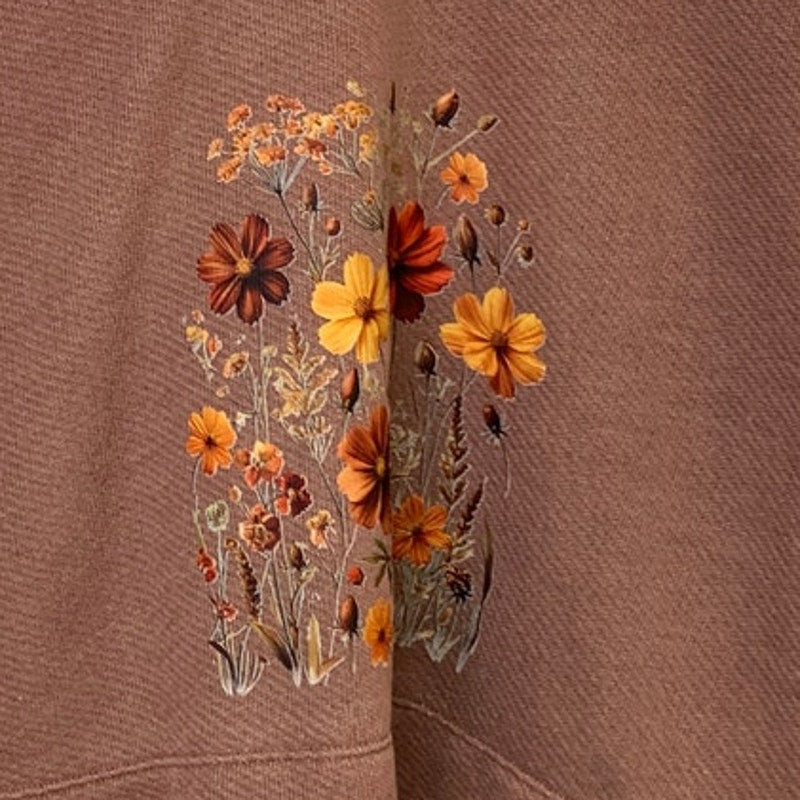 New Hand Printed Womens XS Gold Brown Floral Long Sleeve Deep V Neck Sweatshirt