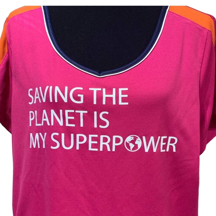 Hand Printed Upcycled Womens 1X Saving the Planet is My Superpower Tee Shirt