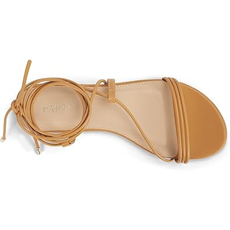 Party Womens Size 6 Tan Strappy Ankle Wrap Lace Up Open Toe Flat Sandal Shoes