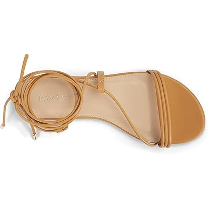 Party Womens Size 6 Tan Strappy Ankle Wrap Lace Up Open Toe Flat Sandal Shoes