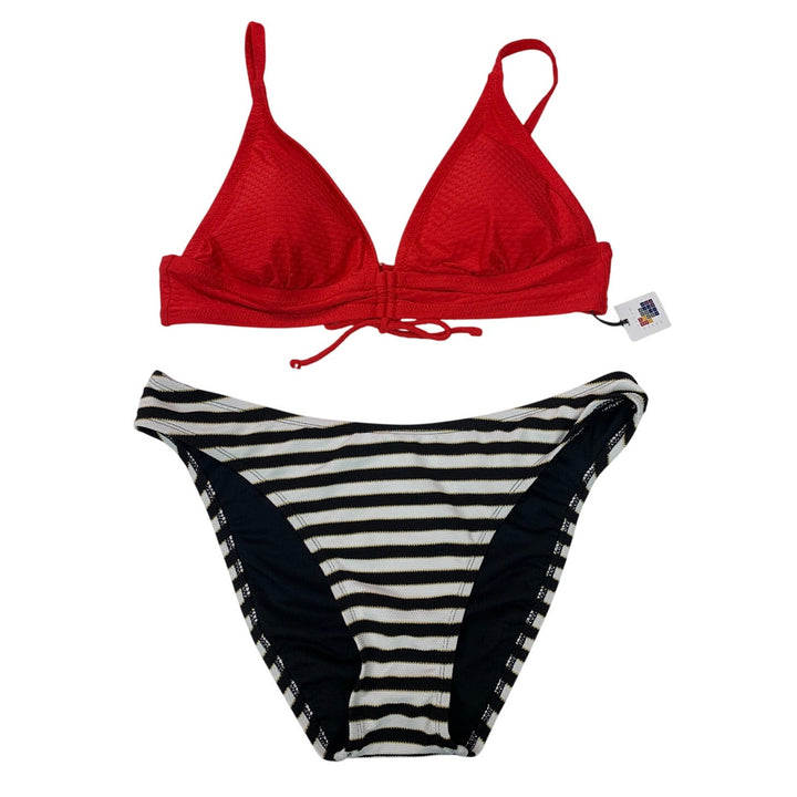 New Shade &amp; Shore Womens Large Red Black Stripe 2PC Bikini Swim Suit